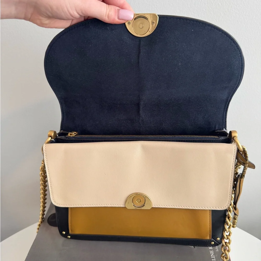 Coach Leather Charm Dreamer Flap Messenger Bag Navy Tan Beige Gold - Picture 6 of 13